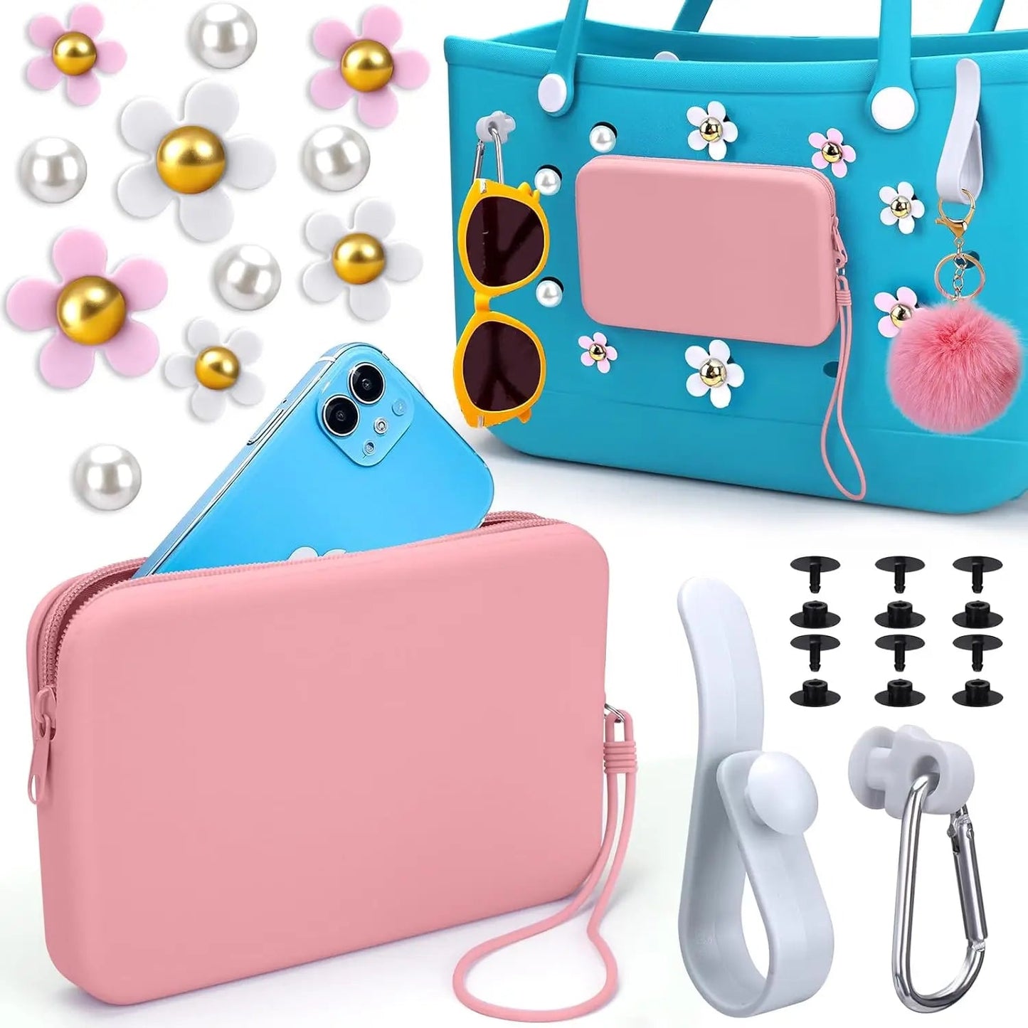 Silicone Phone Holder for Bogg Bag, Accessories Set Contain 2PCS Key Holder & 8PCS Flower Charms, Soft Insert Zipper Wallet for Chez.shoptime