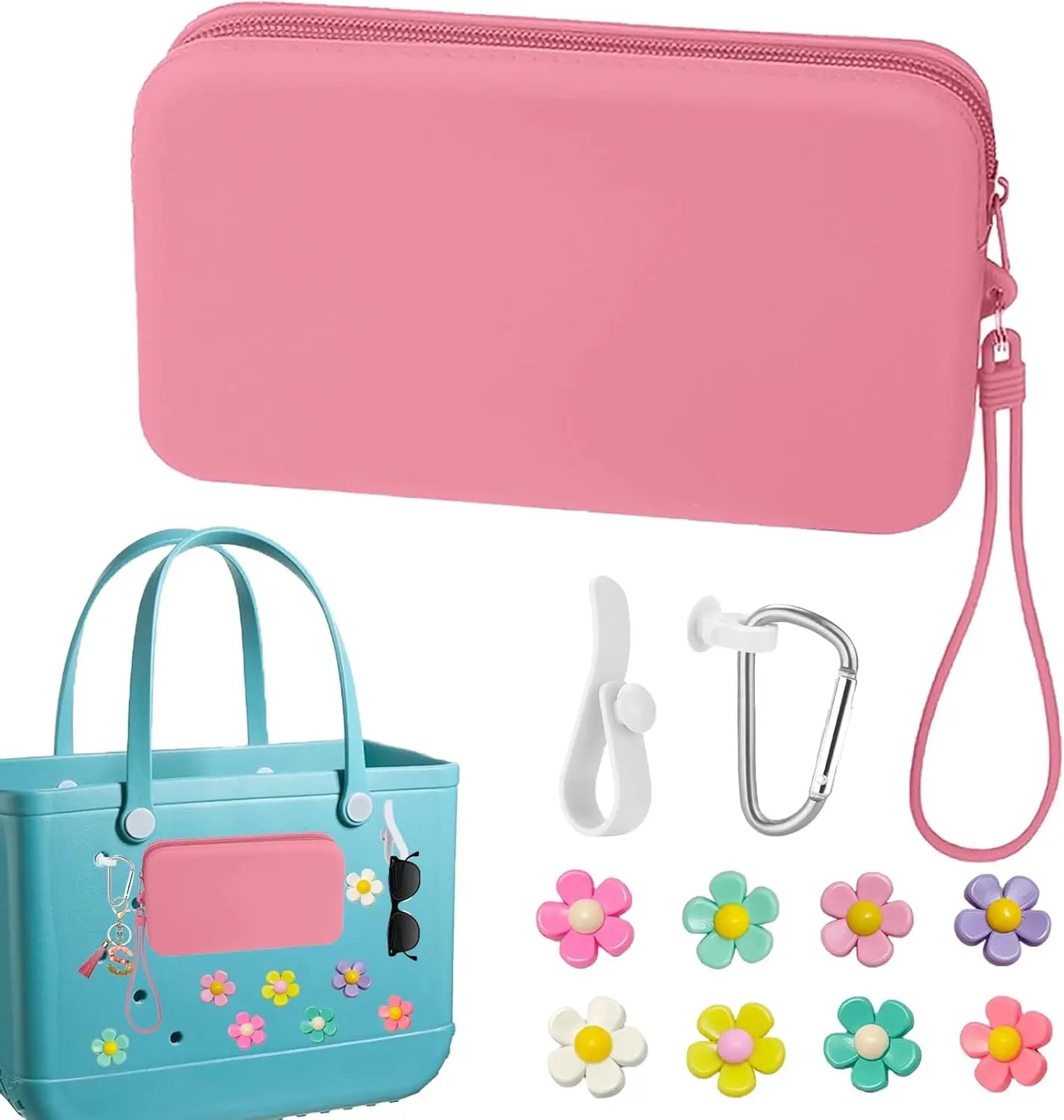 Silicone Phone Holder for Bogg Bag, Accessories Set Contain 2PCS Key Holder & 8PCS Flower Charms, Soft Insert Zipper Wallet for Chez.shoptime