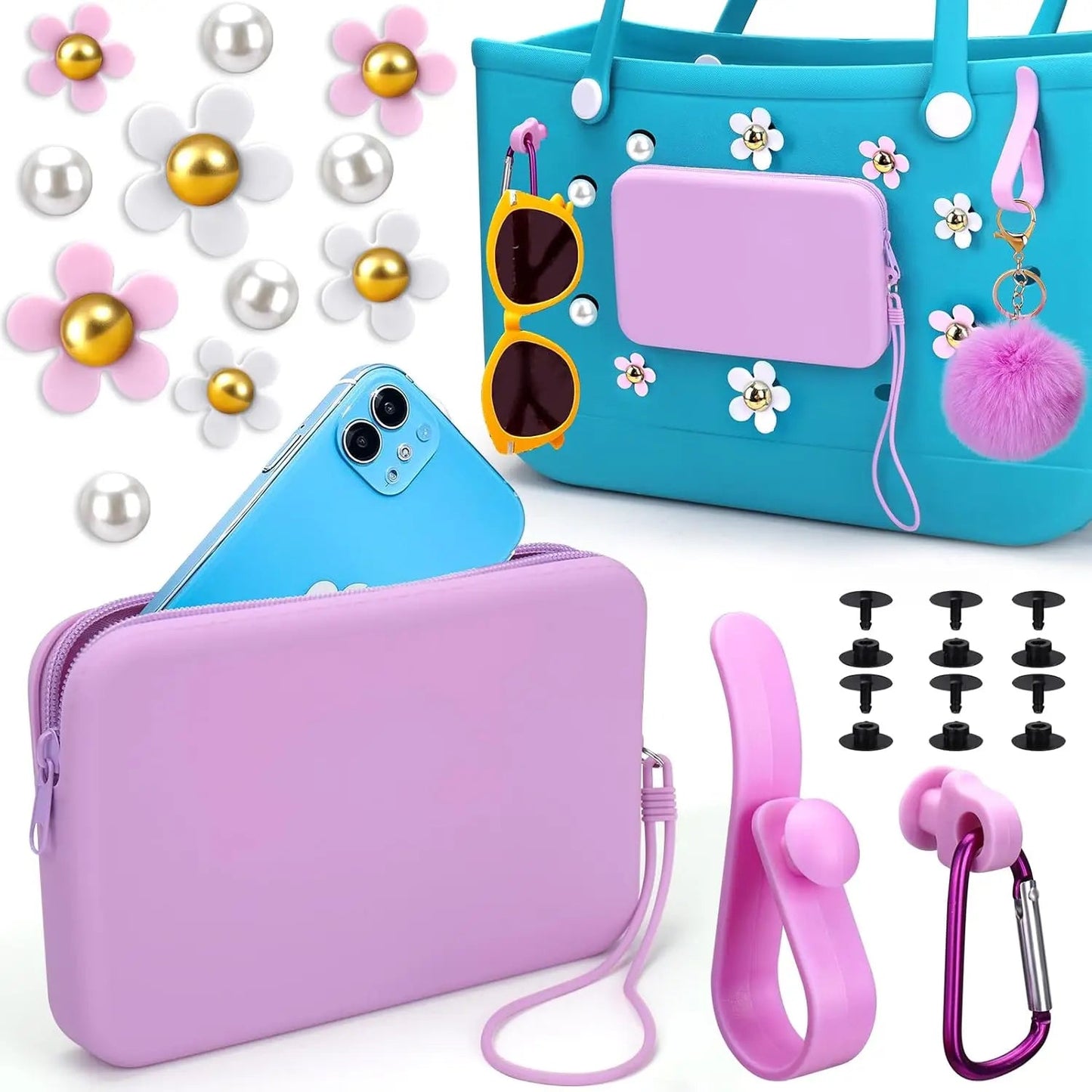 Silicone Phone Holder for Bogg Bag, Accessories Set Contain 2PCS Key Holder & 8PCS Flower Charms, Soft Insert Zipper Wallet for Chez.shoptime