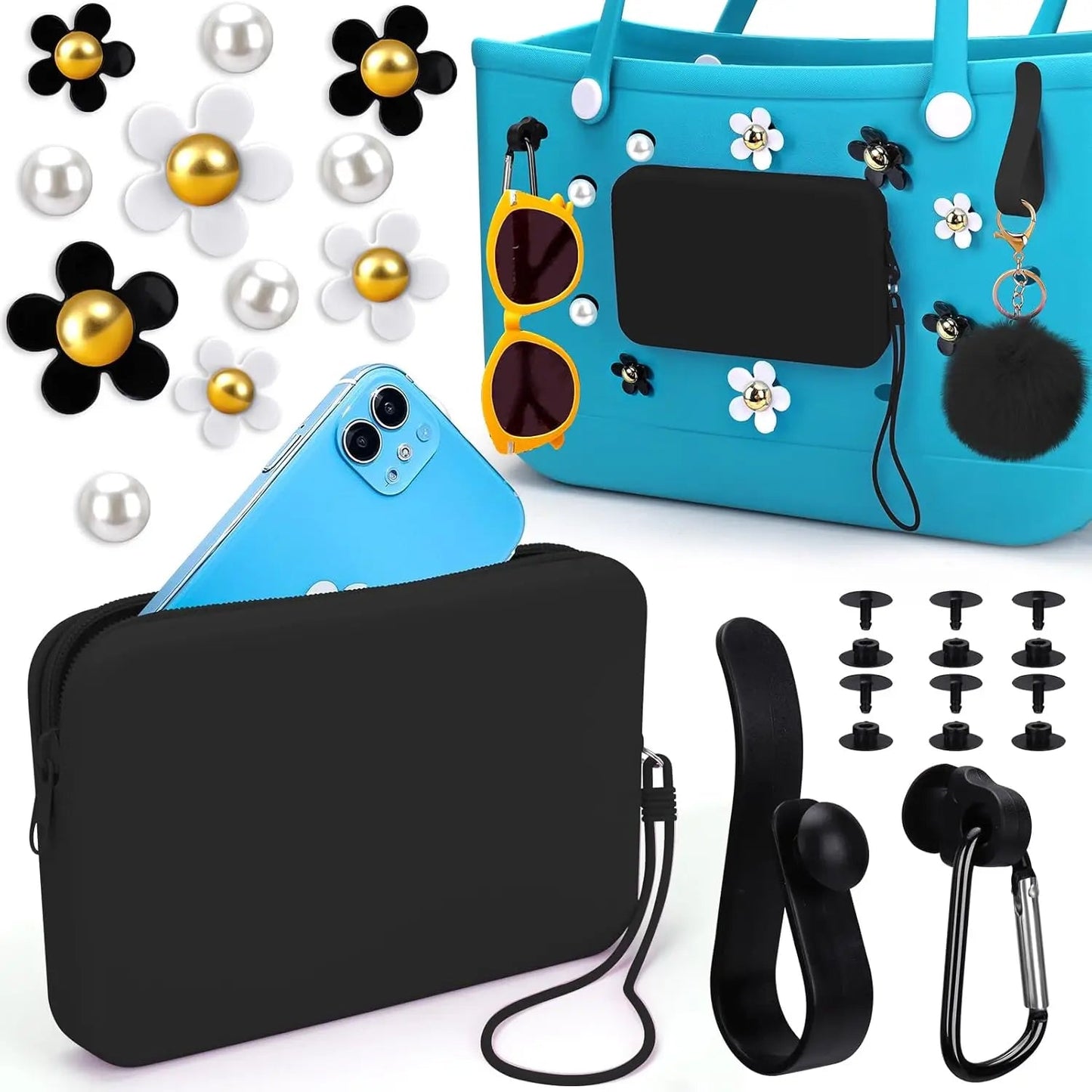 Silicone Phone Holder for Bogg Bag, Accessories Set Contain 2PCS Key Holder & 8PCS Flower Charms, Soft Insert Zipper Wallet for Chez.shoptime
