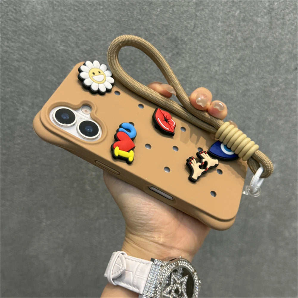 Fashion Breatable Hole Hand Wrist Strap Coque Phone Case For Funda iPhone 16 15 14 13 Pro Max Plus Pro Case Soft Silicone Cover Chez.shoptime