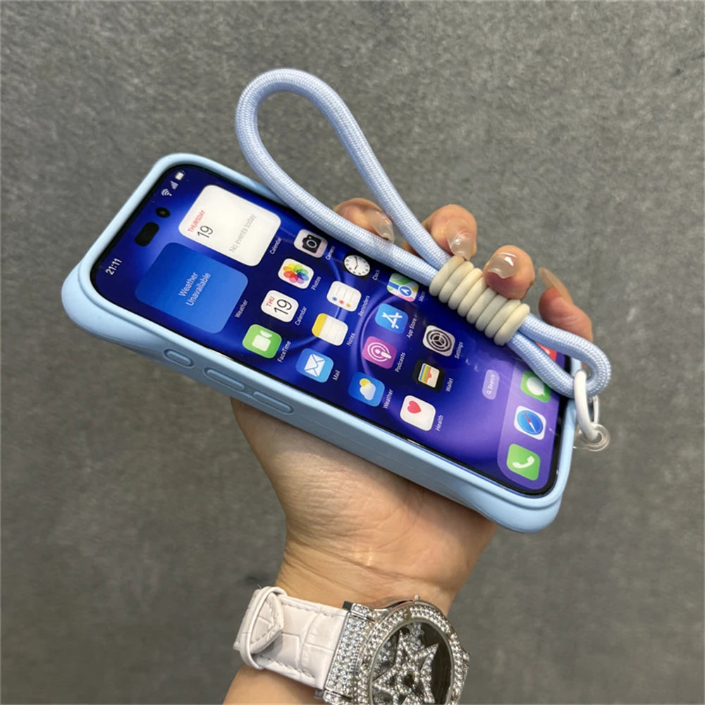 Fashion Breatable Hole Hand Wrist Strap Coque Phone Case For Funda iPhone 16 15 14 13 Pro Max Plus Pro Case Soft Silicone Cover Chez.shoptime