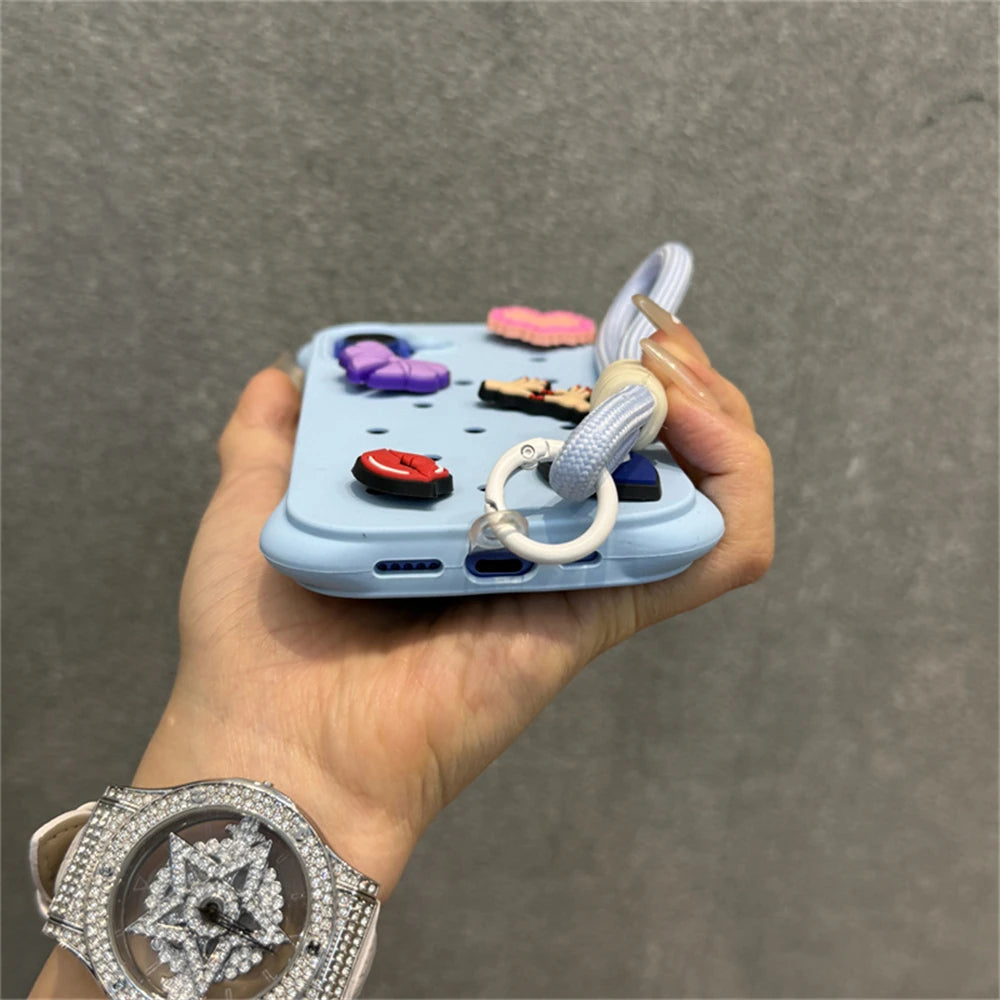 Fashion Breatable Hole Hand Wrist Strap Coque Phone Case For Funda iPhone 16 15 14 13 Pro Max Plus Pro Case Soft Silicone Cover Chez.shoptime