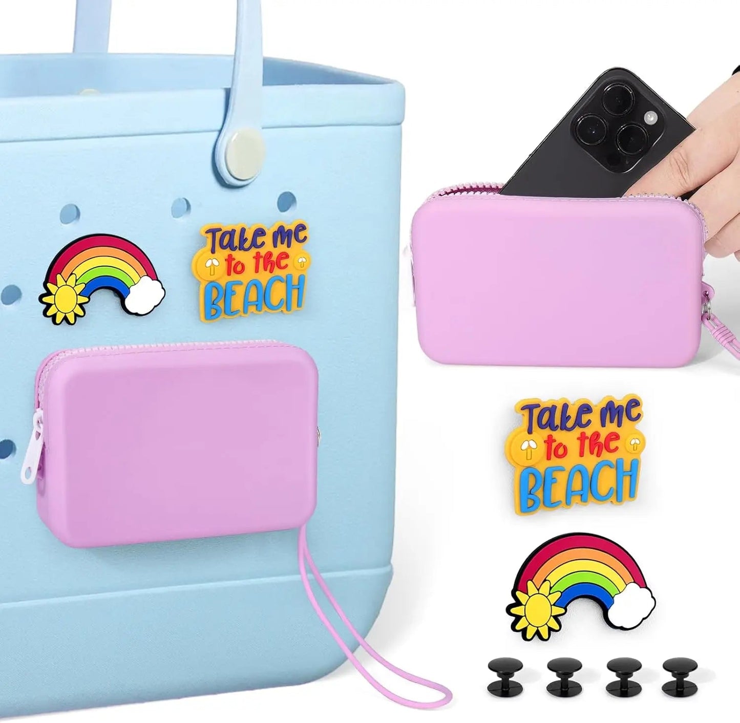 Silicone Phone Holder for Bogg Bag, Accessories Set Contain 2PCS Key Holder & 8PCS Flower Charms, Soft Insert Zipper Wallet for Chez.shoptime