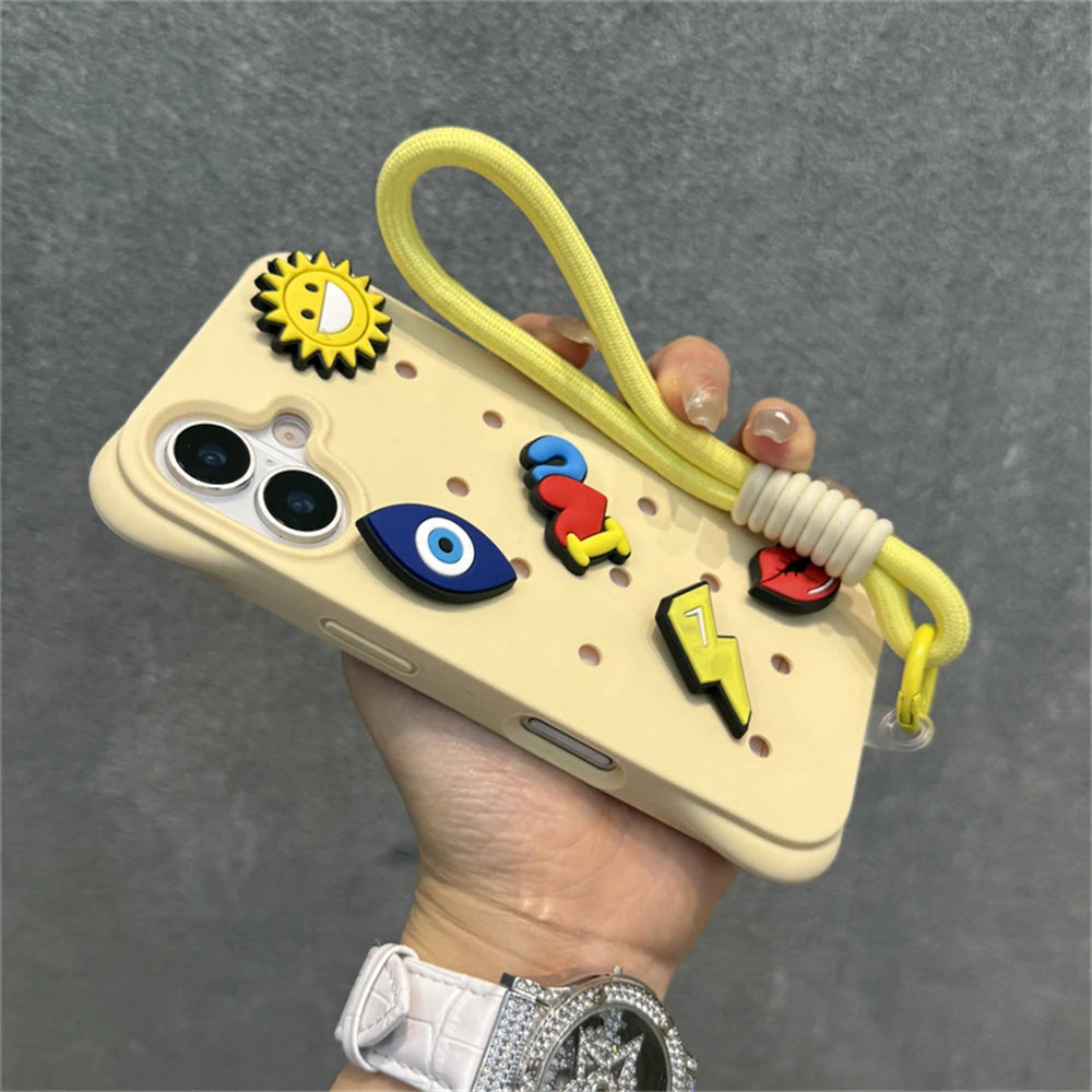 Fashion Breatable Hole Hand Wrist Strap Coque Phone Case For Funda iPhone 16 15 14 13 Pro Max Plus Pro Case Soft Silicone Cover Chez.shoptime