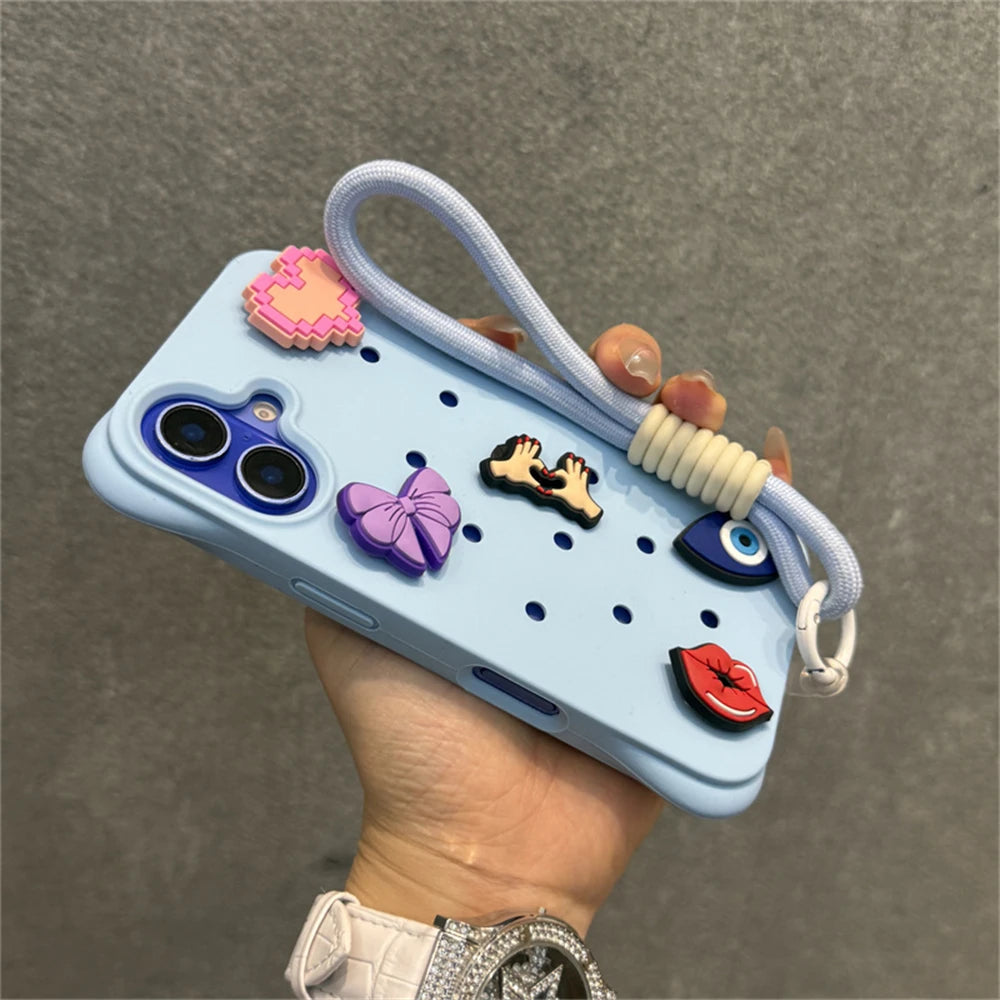 Fashion Breatable Hole Hand Wrist Strap Coque Phone Case For Funda iPhone 16 15 14 13 Pro Max Plus Pro Case Soft Silicone Cover Chez.shoptime