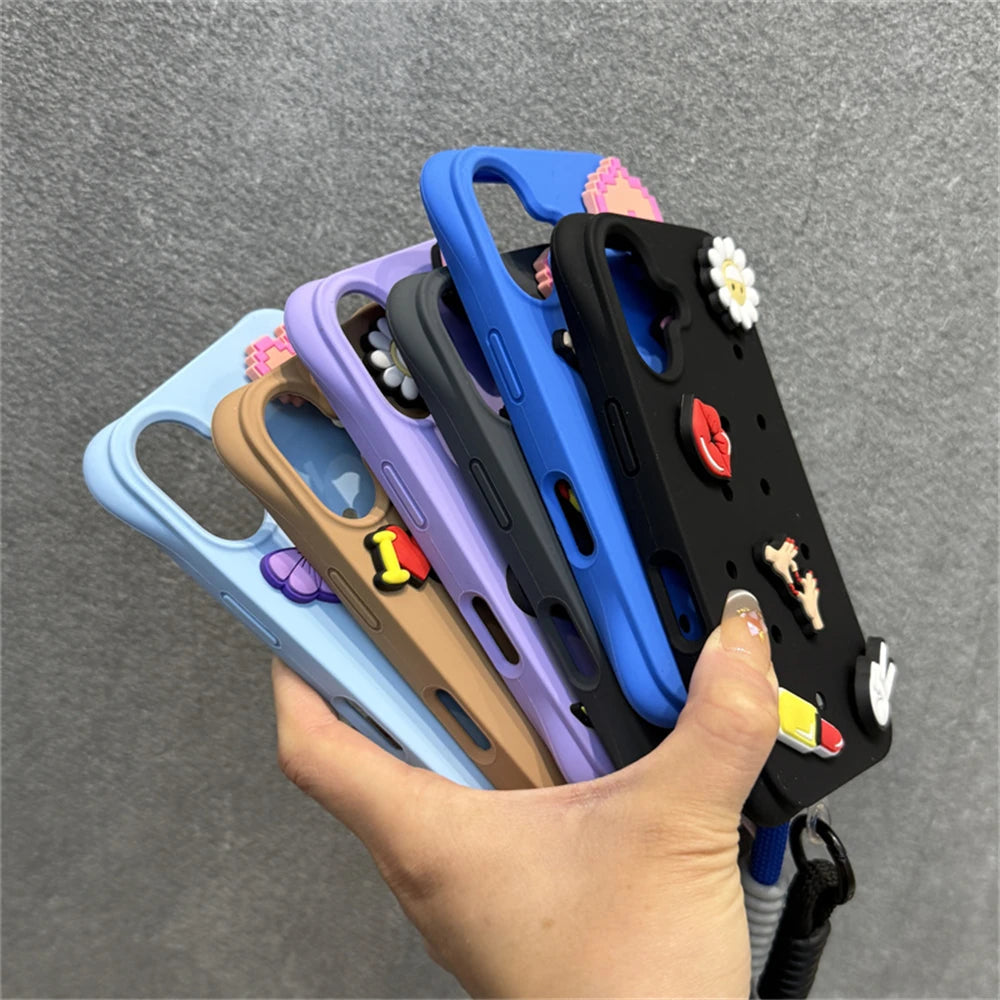 Fashion Breatable Hole Hand Wrist Strap Coque Phone Case For Funda iPhone 16 15 14 13 Pro Max Plus Pro Case Soft Silicone Cover Chez.shoptime