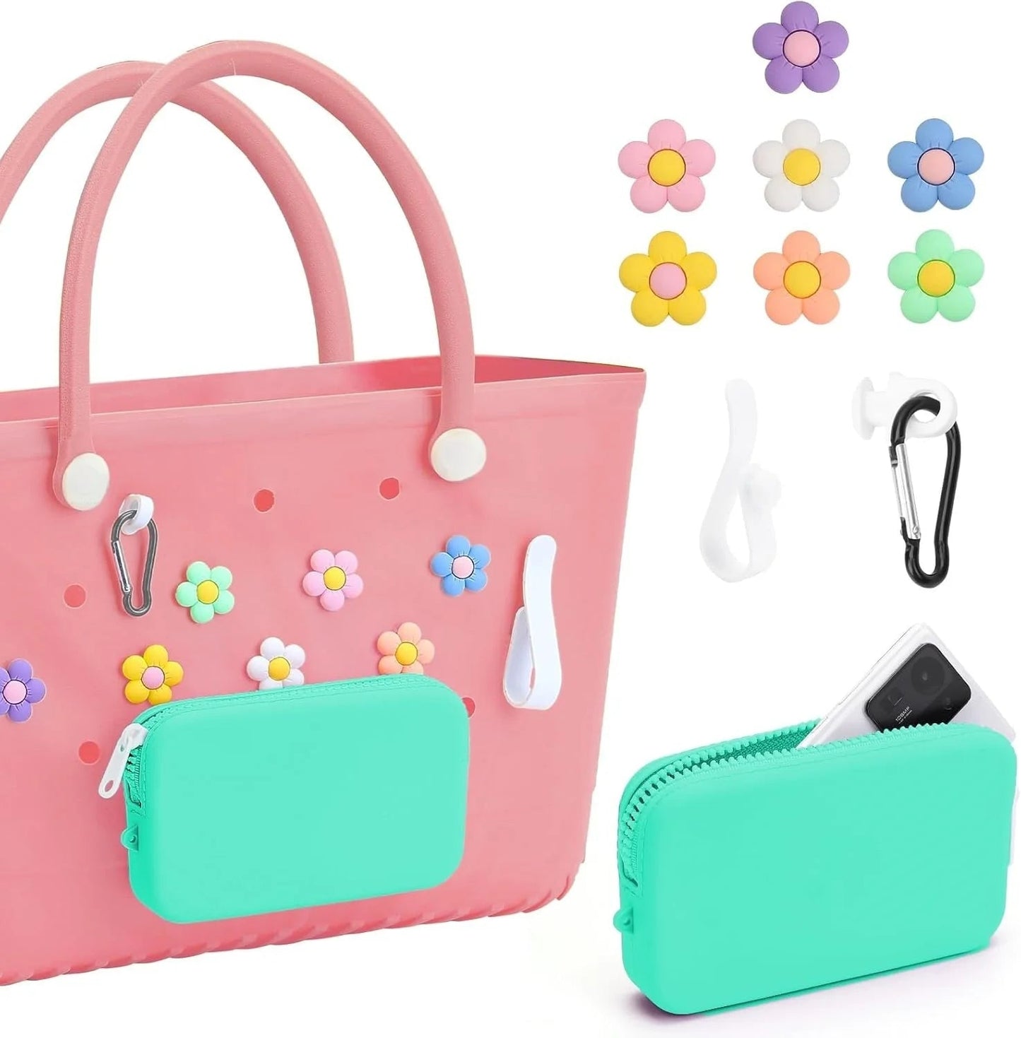 Silicone Phone Holder for Bogg Bag, Accessories Set Contain 2PCS Key Holder & 8PCS Flower Charms, Soft Insert Zipper Wallet for Chez.shoptime