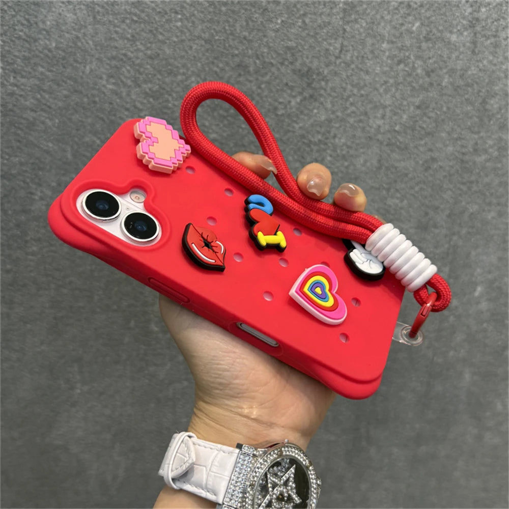 Fashion Breatable Hole Hand Wrist Strap Coque Phone Case For Funda iPhone 16 15 14 13 Pro Max Plus Pro Case Soft Silicone Cover Chez.shoptime
