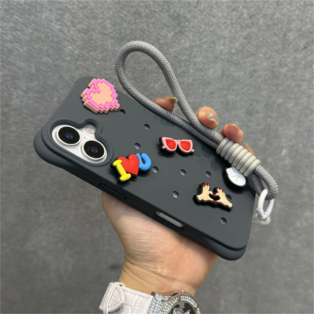 Fashion Breatable Hole Hand Wrist Strap Coque Phone Case For Funda iPhone 16 15 14 13 Pro Max Plus Pro Case Soft Silicone Cover Chez.shoptime