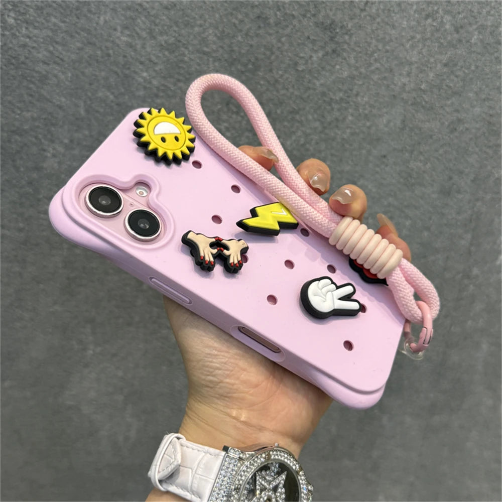 Fashion Breatable Hole Hand Wrist Strap Coque Phone Case For Funda iPhone 16 15 14 13 Pro Max Plus Pro Case Soft Silicone Cover Chez.shoptime