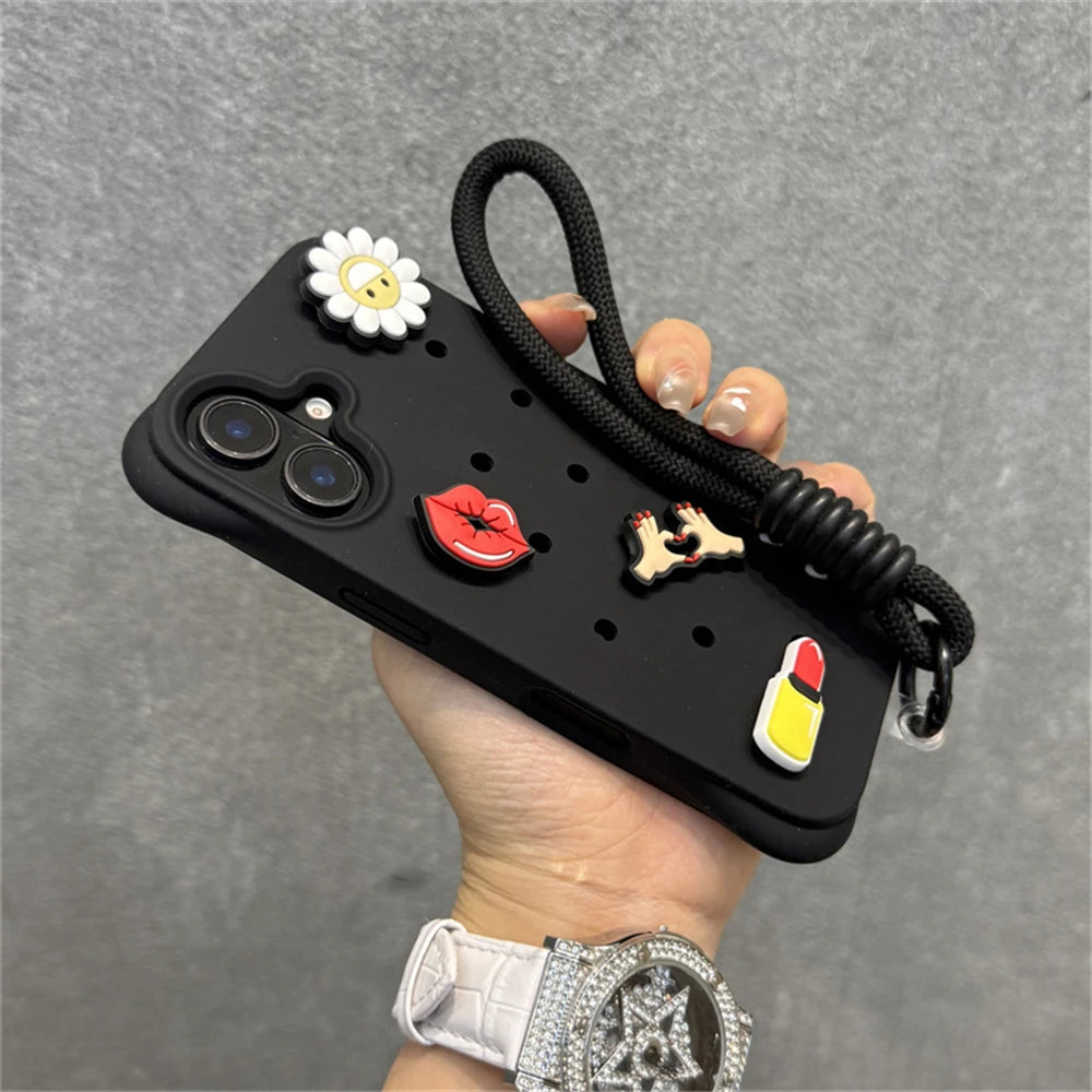Fashion Breatable Hole Hand Wrist Strap Coque Phone Case For Funda iPhone 16 15 14 13 Pro Max Plus Pro Case Soft Silicone Cover Chez.shoptime