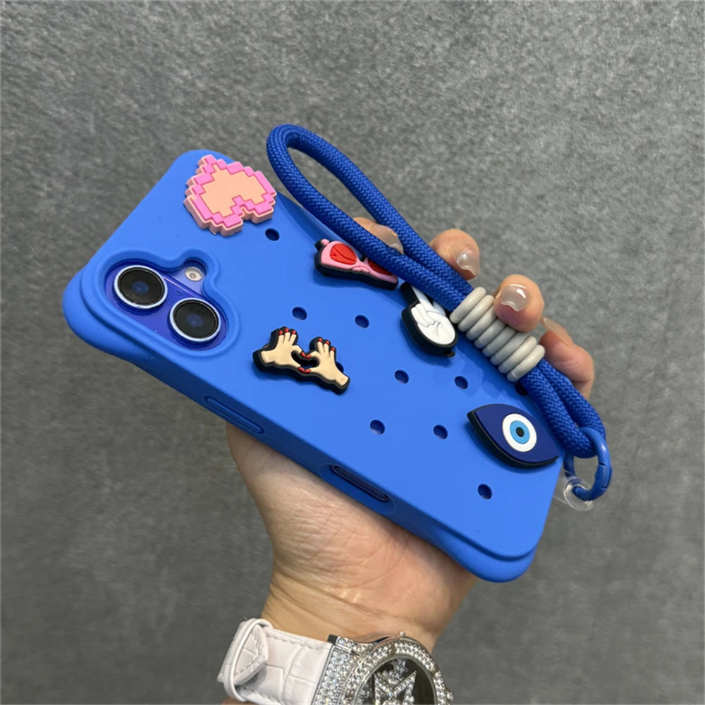 Fashion Breatable Hole Hand Wrist Strap Coque Phone Case For Funda iPhone 16 15 14 13 Pro Max Plus Pro Case Soft Silicone Cover Chez.shoptime