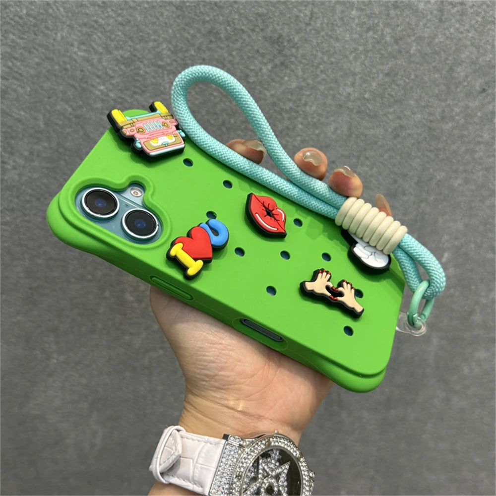 Fashion Breatable Hole Hand Wrist Strap Coque Phone Case For Funda iPhone 16 15 14 13 Pro Max Plus Pro Case Soft Silicone Cover Chez.shoptime