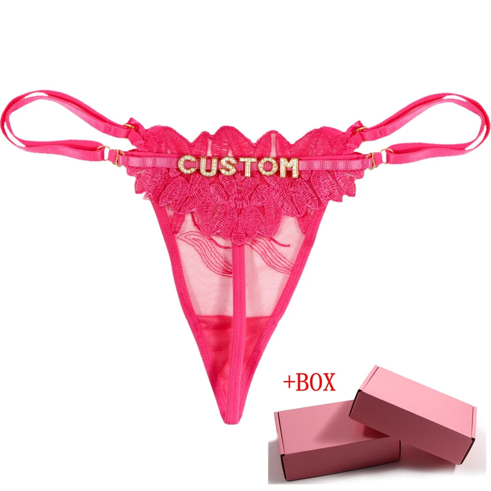 Sexy Lace Custom Name Thong for Women Girls Flower Embroidery Panties Low Waist Breathable Adjustable Personality Underwear Gift Chez.shoptime