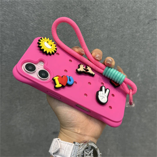 Fashion Breatable Hole Hand Wrist Strap Coque Phone Case For Funda iPhone 16 15 14 13 Pro Max Plus Pro Case Soft Silicone Cover Chez.shoptime
