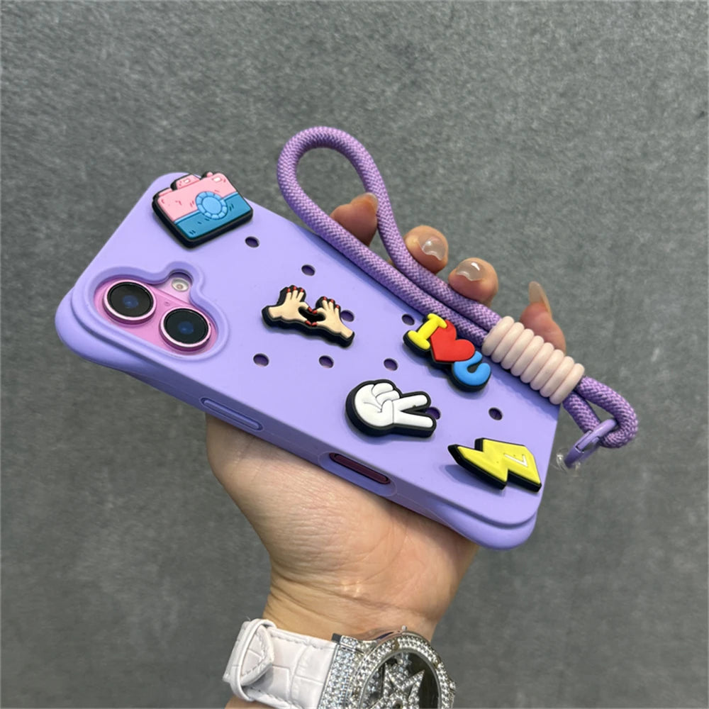 Fashion Breatable Hole Hand Wrist Strap Coque Phone Case For Funda iPhone 16 15 14 13 Pro Max Plus Pro Case Soft Silicone Cover Chez.shoptime