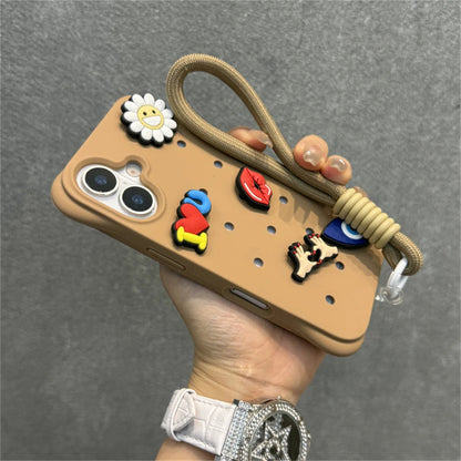 Fashion Breatable Hole Hand Wrist Strap Coque Phone Case For Funda iPhone 16 15 14 13 Pro Max Plus Pro Case Soft Silicone Cover Chez.shoptime
