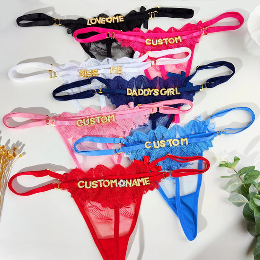 Sexy Lace Custom Name Thong for Women Girls Flower Embroidery Panties Low Waist Breathable Adjustable Personality Underwear Gift Chez.shoptime