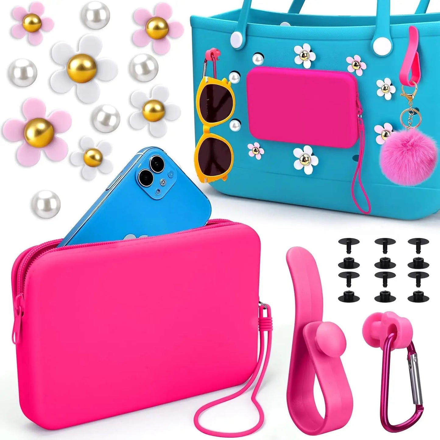 Silicone Phone Holder for Bogg Bag, Accessories Set Contain 2PCS Key Holder & 8PCS Flower Charms, Soft Insert Zipper Wallet for Chez.shoptime