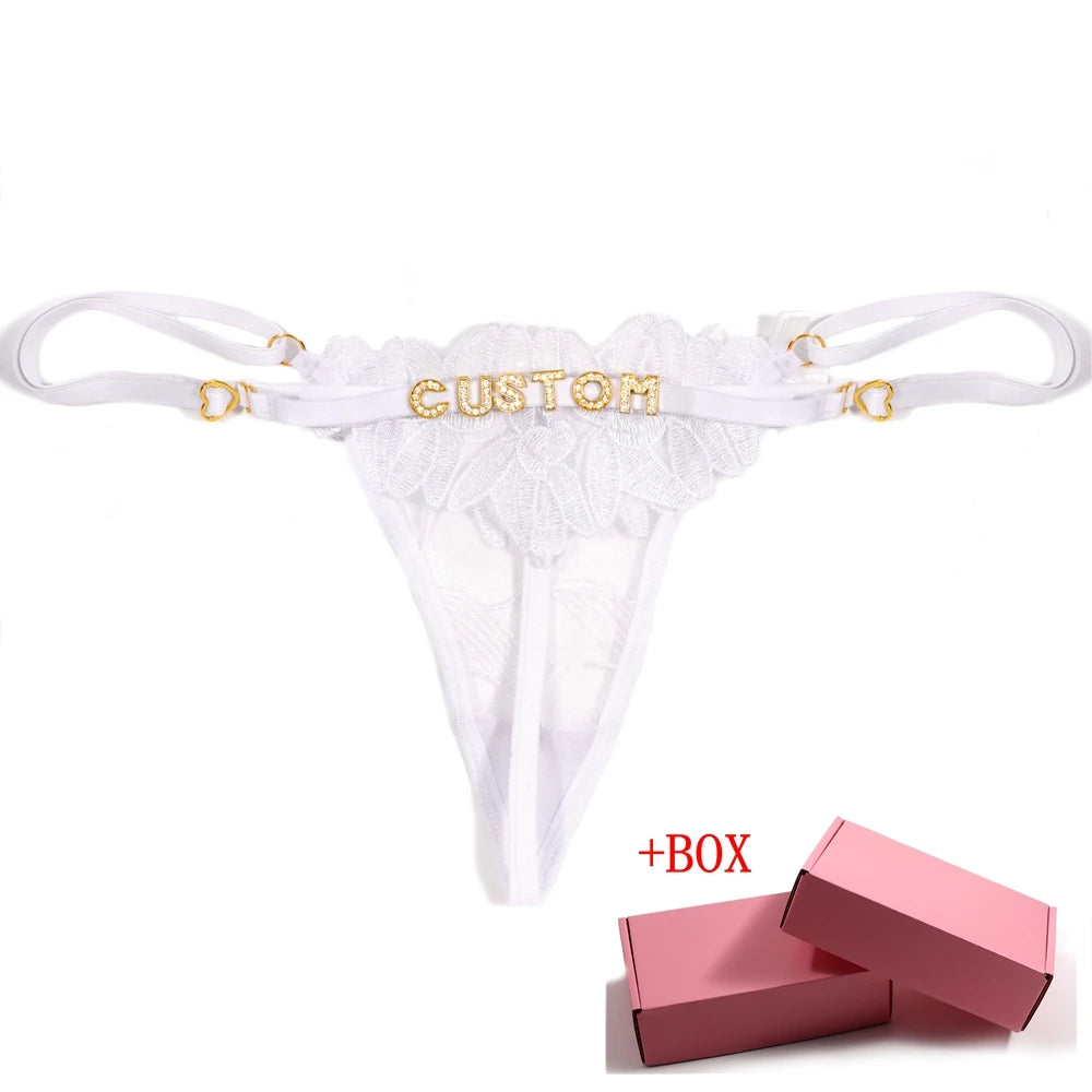 Sexy Lace Custom Name Thong for Women Girls Flower Embroidery Panties Low Waist Breathable Adjustable Personality Underwear Gift Chez.shoptime