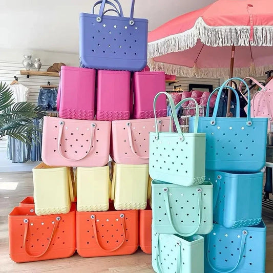 M/L/XL Beach Bag Fashion EVA Waterproof Rubber Picnic Storage Basket Travel Shopping Handbag Women Shoulder Solid Color Tote Bag Chez.shoptime
